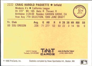 1990 ProCards #2222 Craig Paquette Back