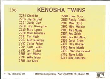 1990 ProCards #2285 Kenosha Twins Checklist Back