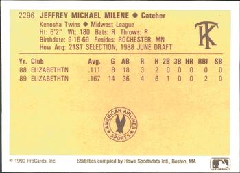 1990 ProCards #2296 Jeff Milene Back