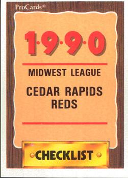 1990 ProCards #2312 Cedar Rapids Reds Checklist Front