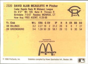 1990 ProCards #2320 Dave McAuliffe Back