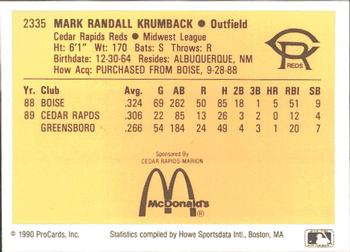 1990 ProCards #2335 Mark Krumback Back