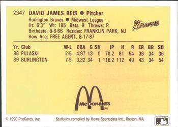 1990 ProCards #2347 Dave Reis Back