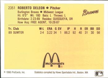 1990 ProCards #2351 Roberto Deleon Back