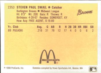 1990 ProCards #2353 Steve Swail Back