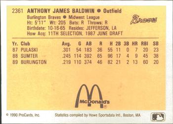 1990 ProCards #2361 Tony Baldwin Back