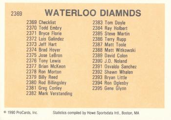 1990 ProCards #2369 Waterloo Diamonds Checklist Back