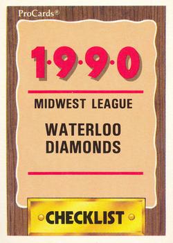 1990 ProCards #2369 Waterloo Diamonds Checklist Front