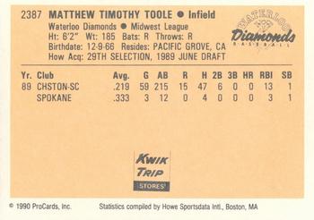 1990 ProCards #2387 Matt Toole Back