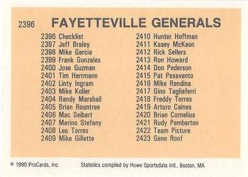 1990 ProCards #2396 Fayetteville Generals Checklist Back