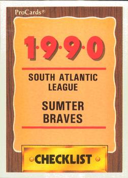 1990 ProCards #2424 Sumter Braves Checklist Front