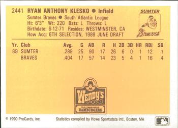 1990 ProCards #2441 Ryan Klesko Back
