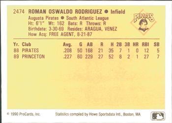 1990 ProCards #2474 Roman Rodriguez Back