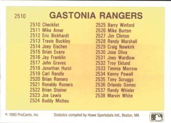 1990 ProCards #2510 Gastonia Rangers Checklist Back