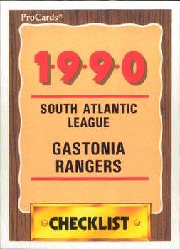 1990 ProCards #2510 Gastonia Rangers Checklist Front