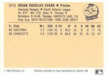 1990 ProCards #2515 Brian Evans Back