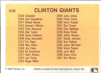 1990 ProCards #2539 Clinton Giants Checklist Back