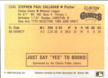 1990 ProCards #2545 Steve Callahan Back
