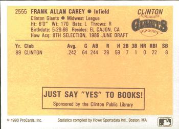 1990 ProCards #2555 Frank Carey Back