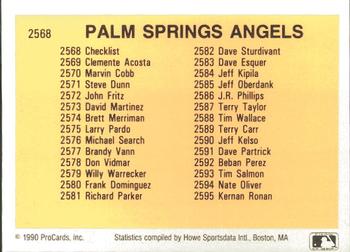 1990 ProCards #2568 Palm Springs Angels Checklist Back