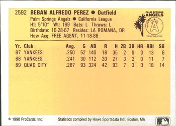 1990 ProCards #2592 Beban Perez Back