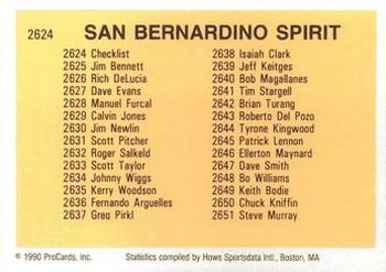 1990 ProCards #2624 San Bernardino Spirit Checklist Back