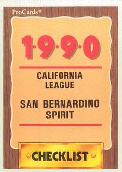 1990 ProCards #2624 San Bernardino Spirit Checklist Front