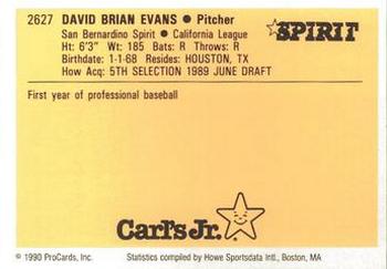 1990 ProCards #2627 Dave Evans Back