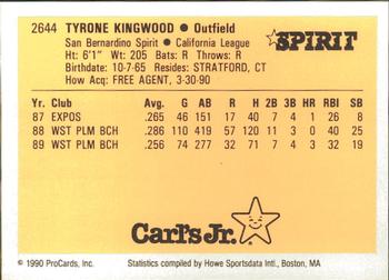 1990 ProCards #2644 Tyrone Kingwood Back