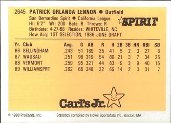 1990 ProCards #2645 Patrick Lennon Back