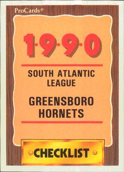 1990 ProCards #2652 Greensboro Hornets Checklist Front