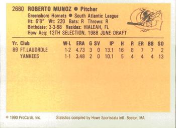 1990 ProCards #2660 Roberto Munoz Back