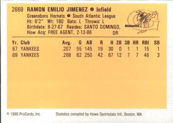 1990 ProCards #2669 Ramon Jimenez Back