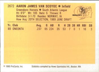 1990 ProCards #2672 Aaron Van Scoyoc Back