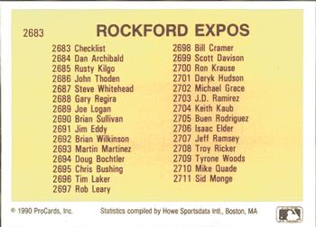 1990 ProCards #2683 Rockford Expos Checklist Back