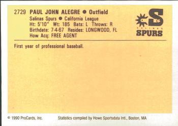 1990 ProCards #2729 Paul Alegre Back