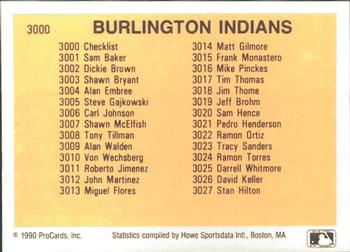 1990 ProCards #3000 Burlington Indians Checklist Back