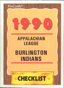 1990 ProCards #3000 Burlington Indians Checklist Front