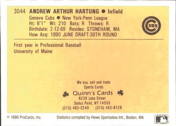 1990 ProCards #3044 Andrew Hartung Back