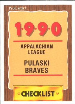 1990 ProCards #3085 Pulaski Braves Checklist Front