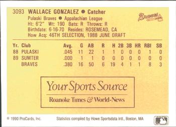 1990 ProCards #3093 Wallace Gonzalez Back
