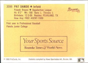 1990 ProCards #3096 Pat Dando Back
