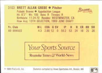 1990 ProCards #3103 Brett Grebe Back
