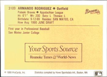 1990 ProCards #3109 Armando Rodriguez Back