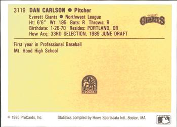 1990 ProCards #3119 Dan Carlson Back