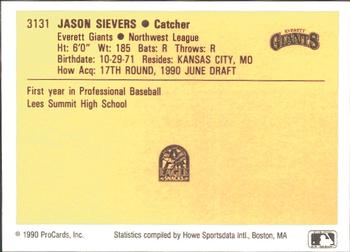 1990 ProCards #3131 Jason Sievers Back