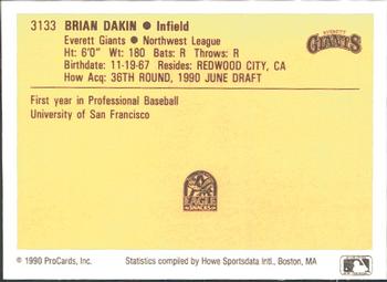 1990 ProCards #3133 Brian Dakin Back