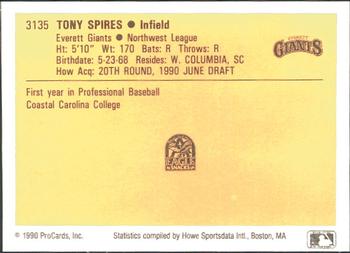 1990 ProCards #3135 Tony Spires Back