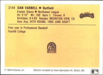 1990 ProCards #3144 Dan Varnell Back