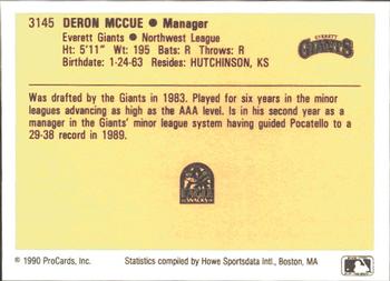 1990 ProCards #3145 Deron McCue Back